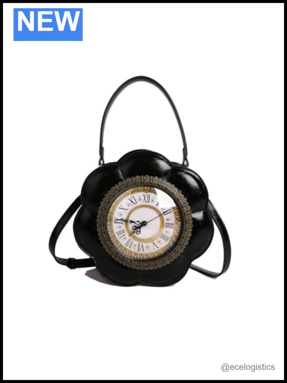 Unique Flower Shaped Clock Handbag PU Leather Top Handle Purse Novelty Round